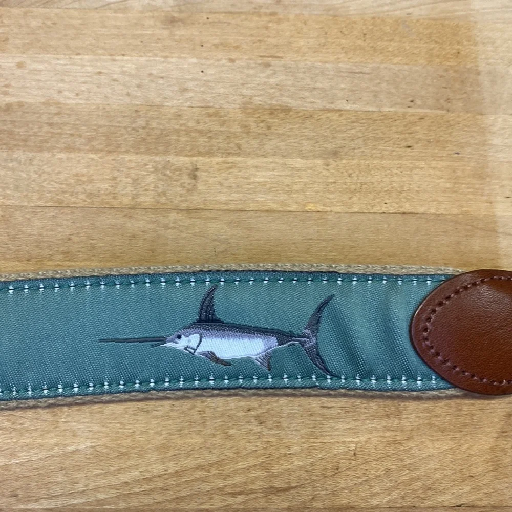 Man made leather belt embroidered fishing sailing canvass EUC 46 yacht core